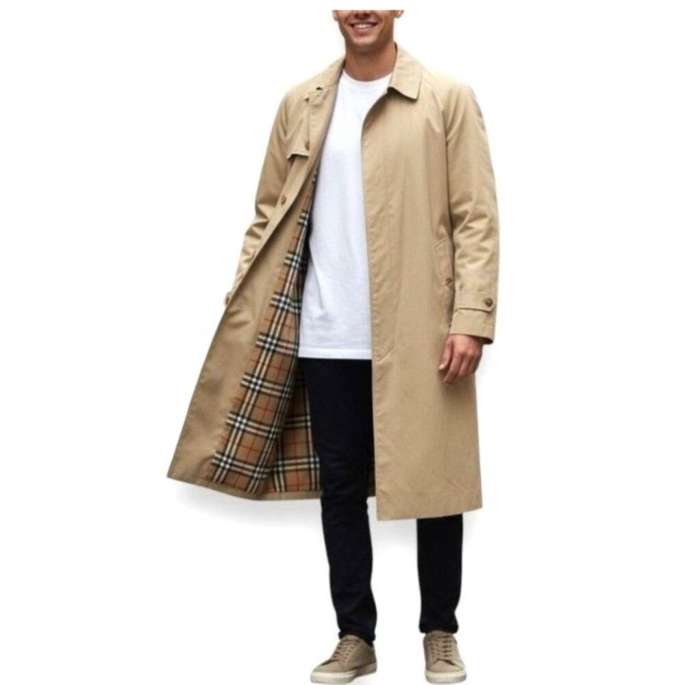 Vintage Burberry Overcoat Mens‎ Tan Novacheck Plaid Long Checkered Trench SZ 46